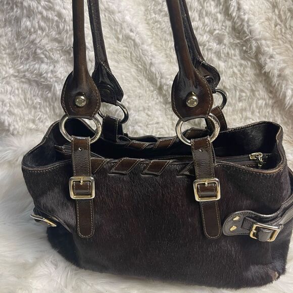 Plinio Visona  leather Brown Calf Hair Patent trims Shoulder Bag Gold Hardware - Picture 10 of 16